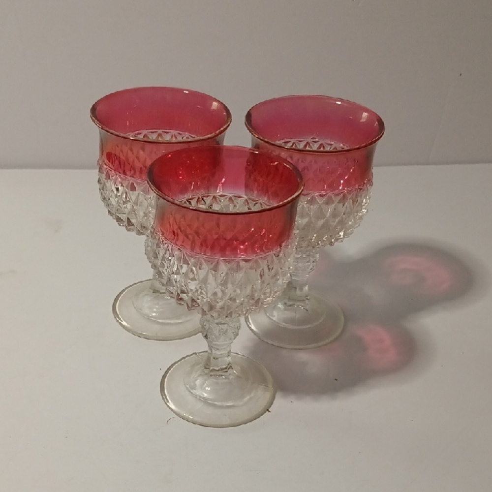 Indiana Glass Ruby Flash Diamond Point Goblets Set Of 3